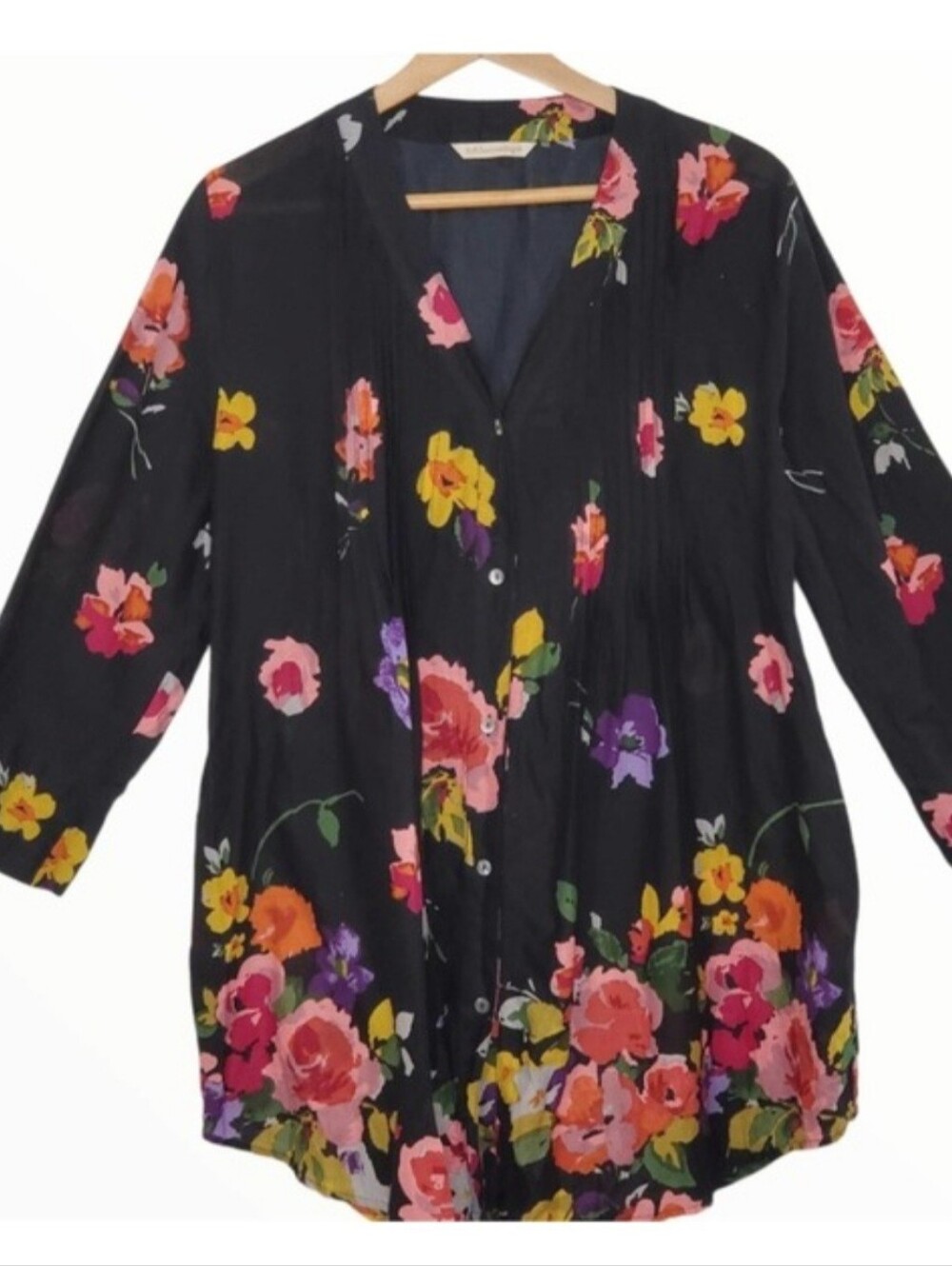 Soft Surroundings Black Cotton Floral Pintuck Tunic- L